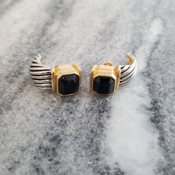 Vintage Black Rhinestone Post Earrings, Silver Tone, Unique Design, Studs - Picture 5 of 5